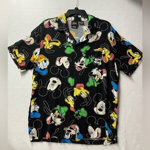 Disney Mickey Mouse Hawaiian Shirt Mens Large  Button Up Rayon Goofy Donald Duck